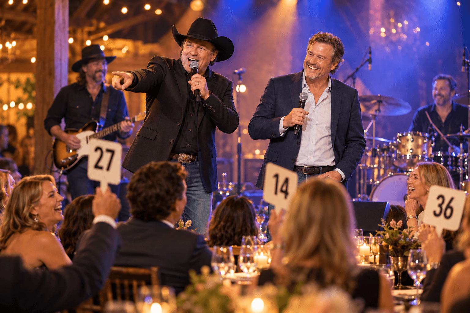 An auctioneer in a black cowboy hat and a guest singer onstage with a live band as the audience bids.