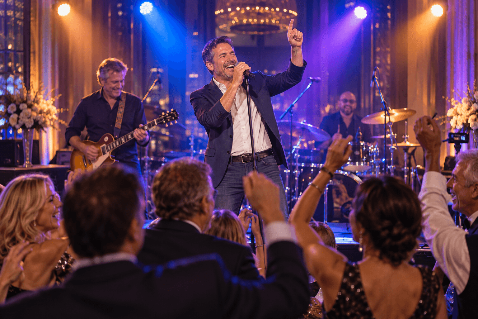 A reunion guest performing with a live band in front of a cheering audience
